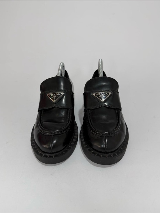Prada Shoes - Prada Black Leather Loafers with Silver Triangle Logos